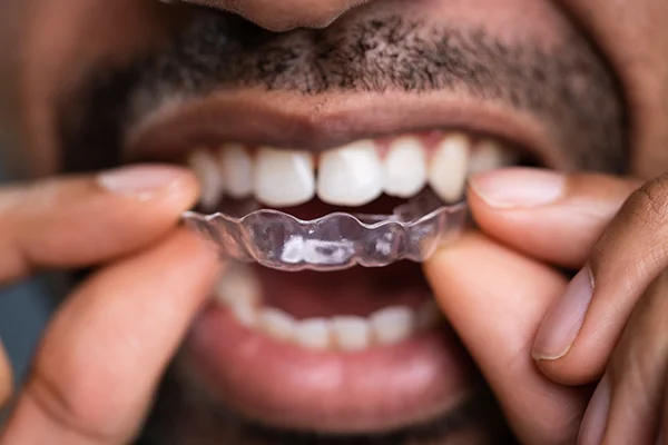 Close up of a bearded  man putting clear aligners on his teeth.