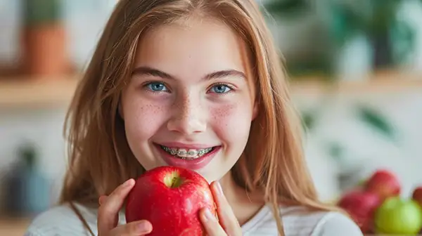 Teenager with braces eating a whole apple, demonstrating a food to avoid eating while wearing braces.