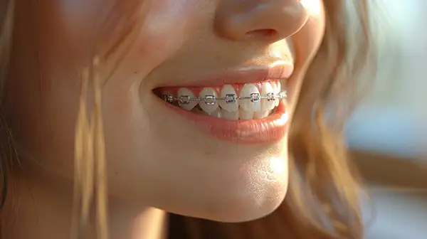A close-up view of a woman smiling brightly, showing off dental braces on perfectly aligned teeth.